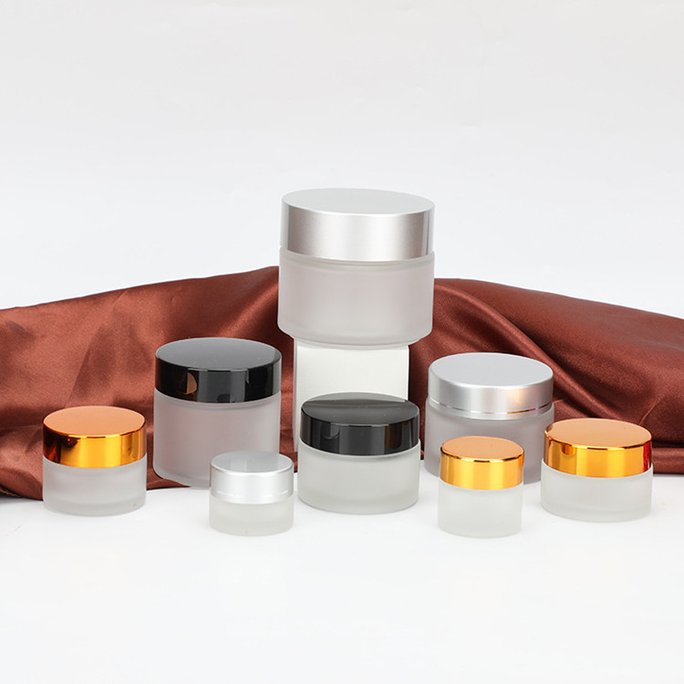 Stock 50g frosted glass jar cosmetic container for Skin care cream,50g clear frosted glass jar with gold cap