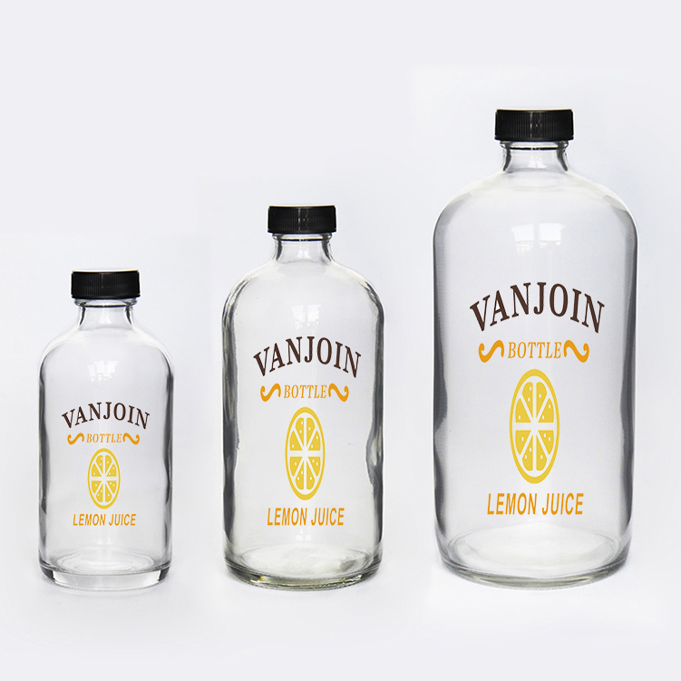 Stock 8oz 16oz 32oz Flint Round Beverage Pressed Juice Glass Bottle With Plastic Cap