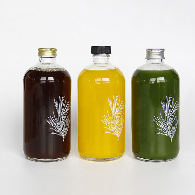 Stock 8oz 16oz 32oz Flint Round Beverage Pressed Juice Glass Bottle With Plastic Cap