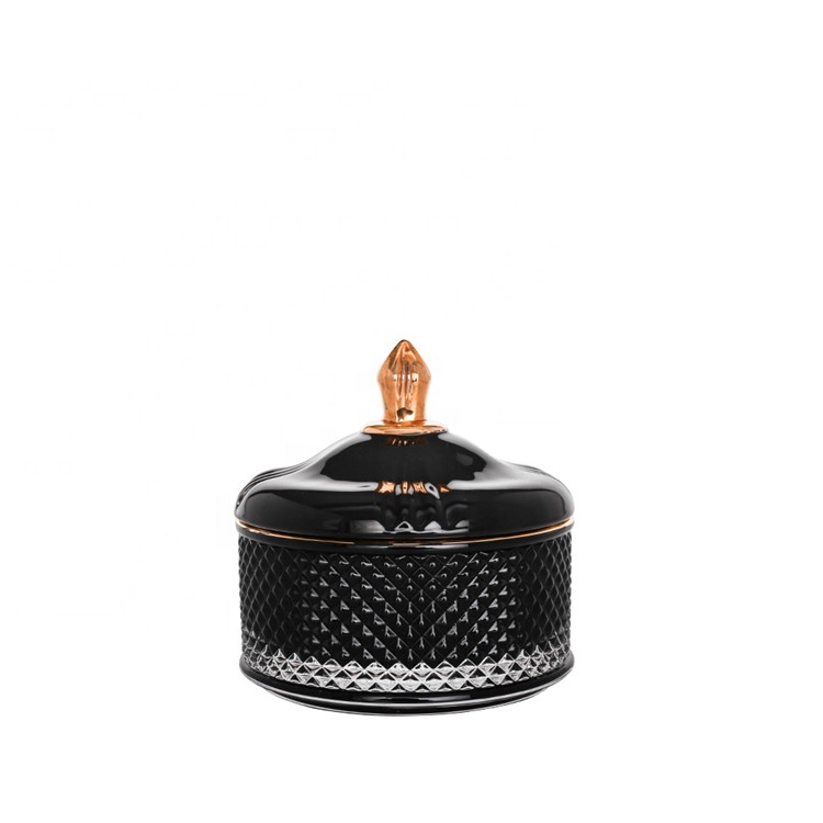 Stock Black Glass Cotton Swabs Candle Jar Container For Bathroom Organizer With Gold Lid