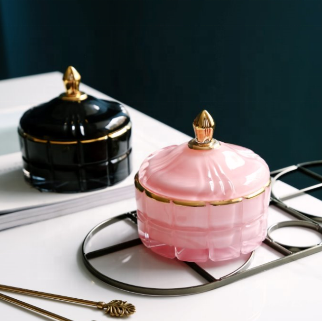 Stock Black Glass Cotton Swabs Candle Jar Container For Bathroom Organizer With Gold Lid