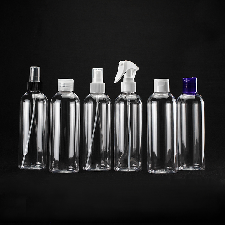 Stock cheap 250ml PET Clear Round Plastic Bottles Trigger Spray Detergent Disinfectant Bottles Lotion Pump Bottle