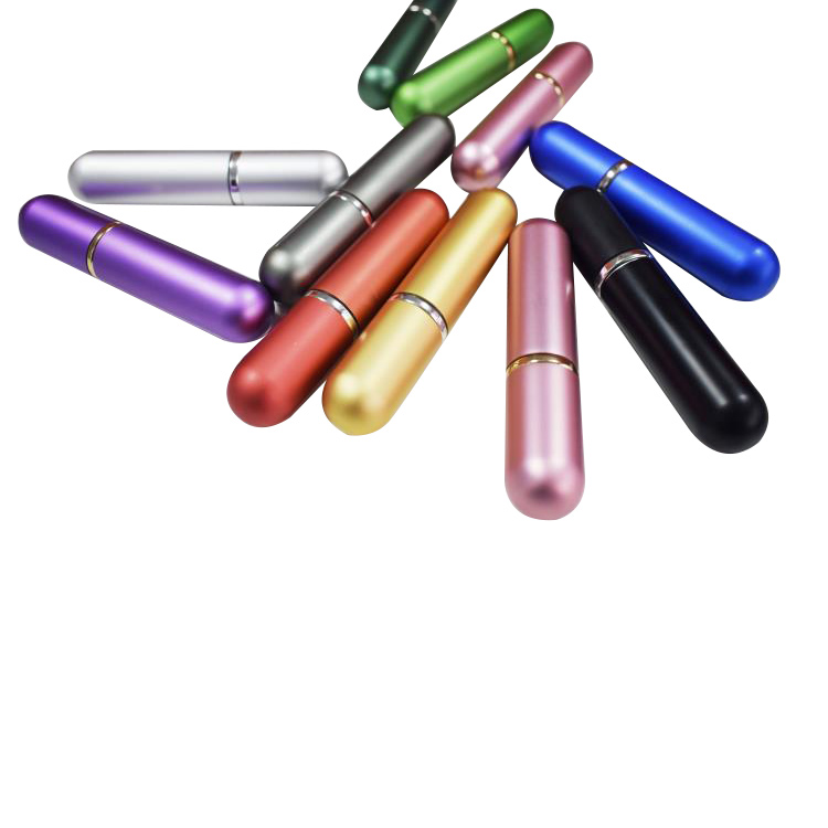 Stock colorful portable aluminium 5ml pocket travel perfume bottle atomizer