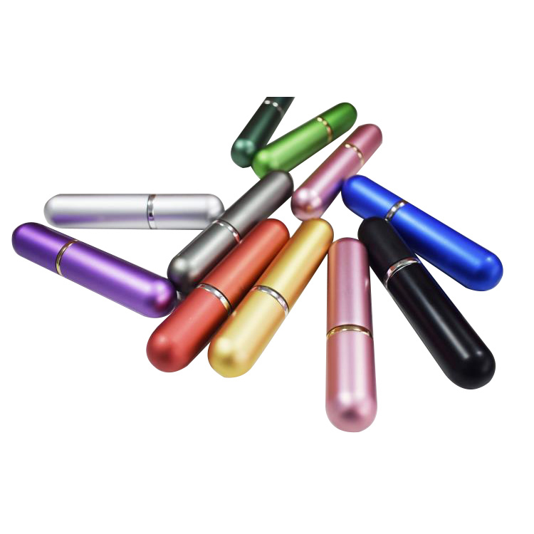 Stock colorful portable aluminium 5ml pocket travel perfume bottle atomizer