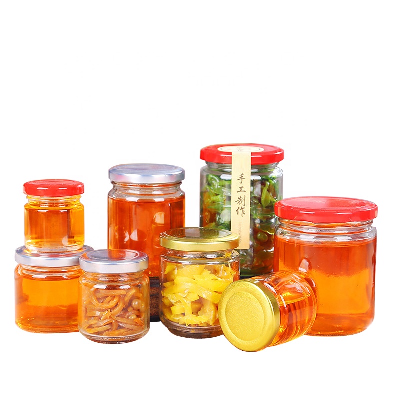 Stock food packaging glass jar round shaped glass jar with metal lid for honey