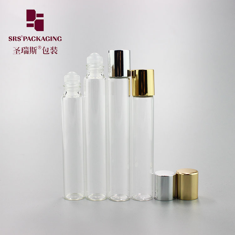 Stock products clear 8ml 10ml empty glass perfume roll on bottle with gold aluminium cap