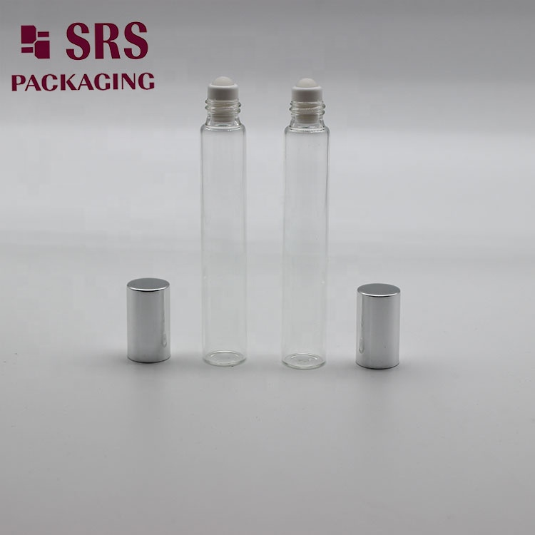 Stock supply 10ml clear glass perfume essential oil roll on bottle with aluminum cap