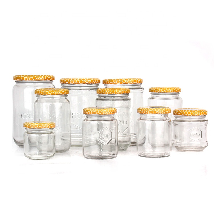 Stocked 100ml 300ml 700ml clear honey jam glass food bottles with metal lid