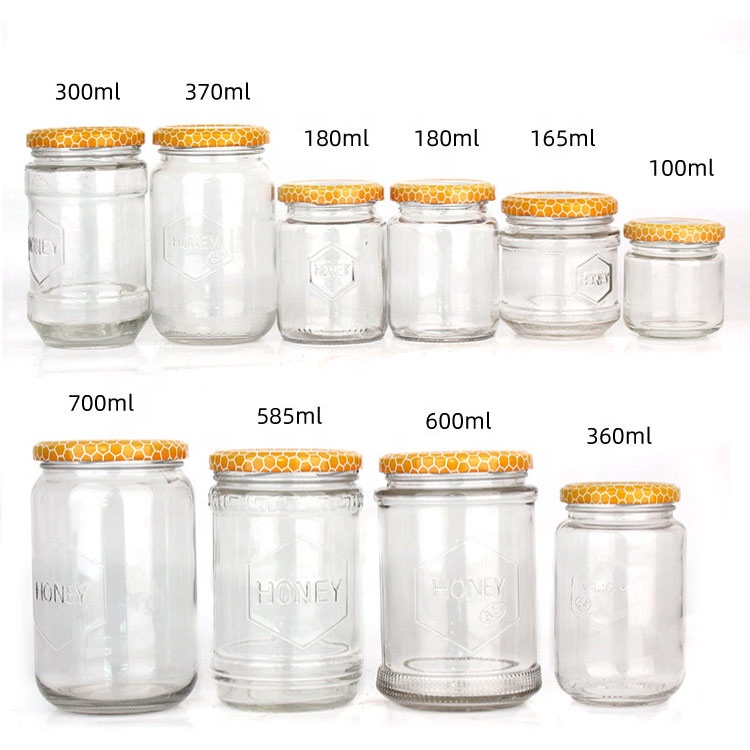 Stocked 100ml 300ml 700ml clear honey jam glass food bottles with metal lid