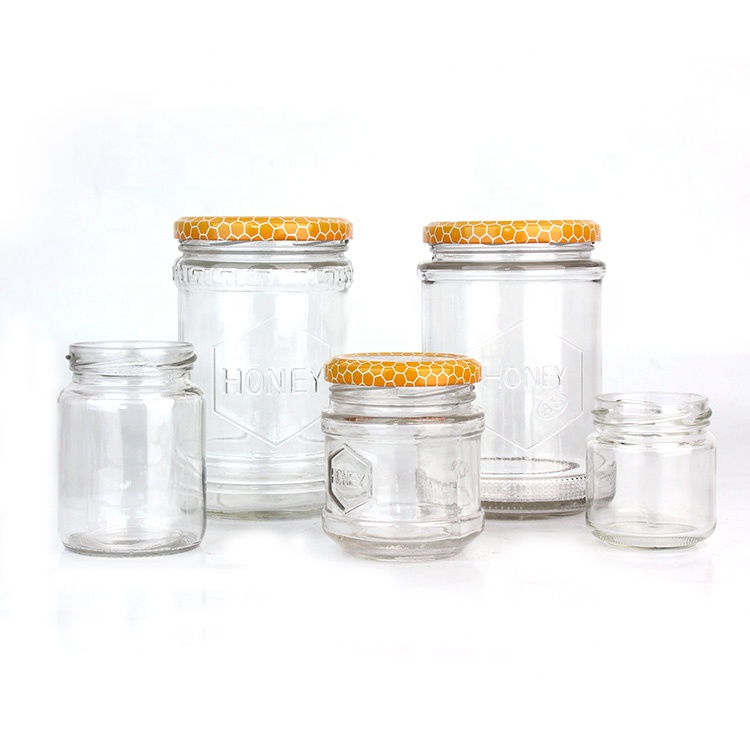 Stocked 100ml 300ml 700ml clear honey jam glass food bottles with metal lid