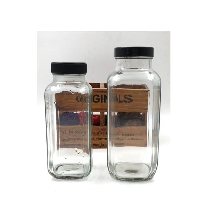 Stocked 16oz French Square Beverage Cold Press Juice Glass Bottles With BPA free plastic Cap