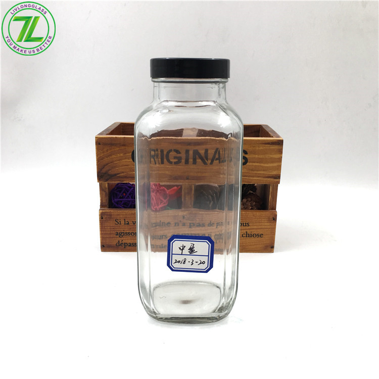 Stocked 16oz French Square Beverage Cold Press Juice Glass Bottles With BPA free plastic Cap