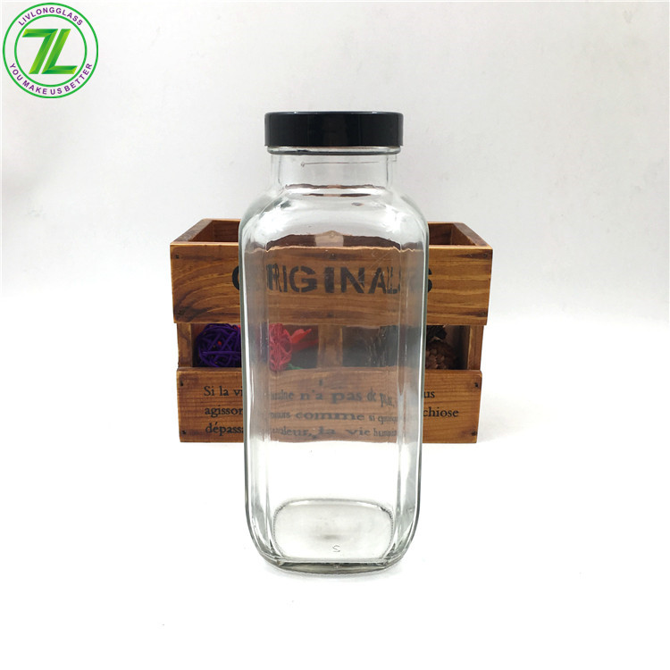 Stocked 16oz French Square Beverage Cold Press Juice Glass Bottles With BPA free plastic Cap