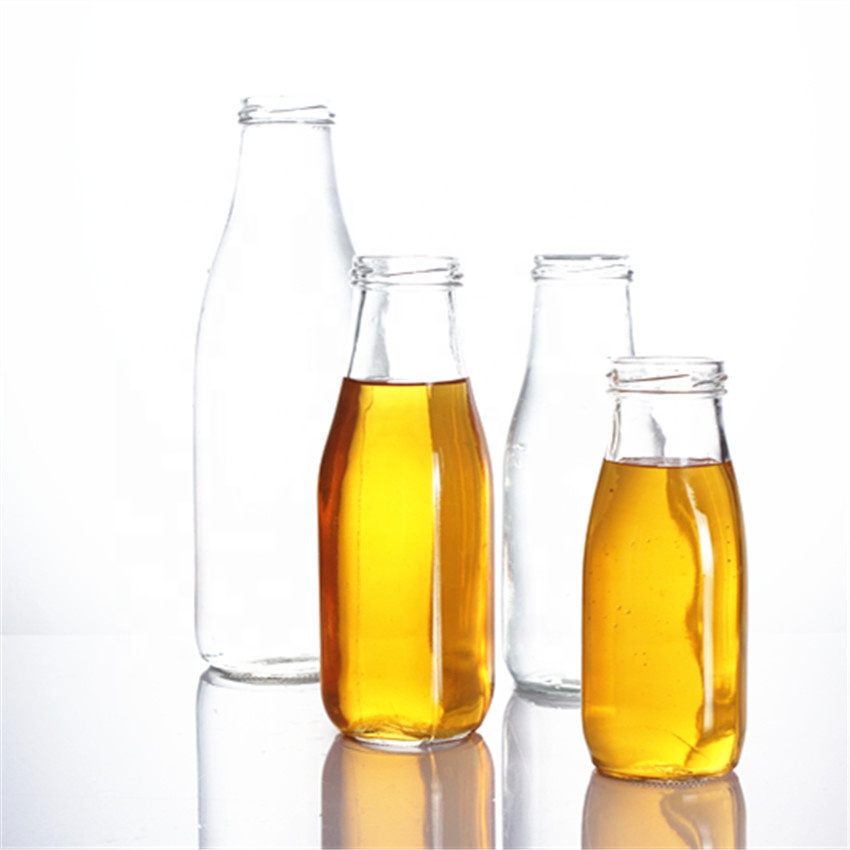 Stocked 250ml 300ml 420ml 500ml 1000ml food grade clear round square empty juice milk tea water glass bottle with metal lids