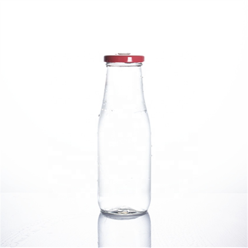 Stocked 250ml 300ml 420ml 500ml 1000ml food grade clear round square empty juice milk tea water glass bottle with metal lids