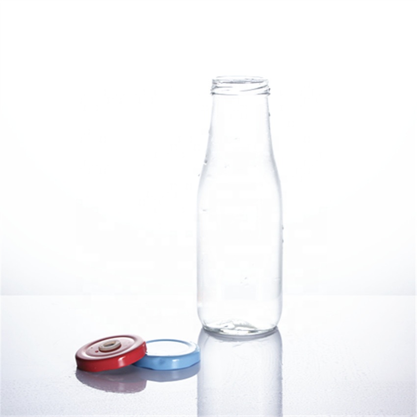 Stocked 250ml 300ml 420ml 500ml 1000ml food grade clear round square empty juice milk tea water glass bottle with metal lids