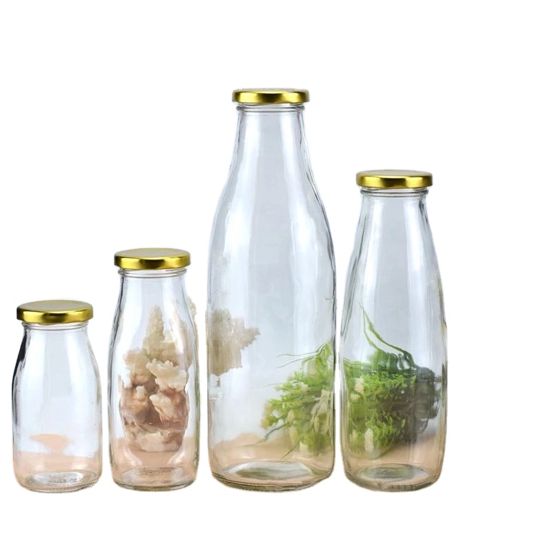 Stocked 250ml 300ml 500ml 1000ml food grade clear milk bottle empty milk glass bottle screw metal lid