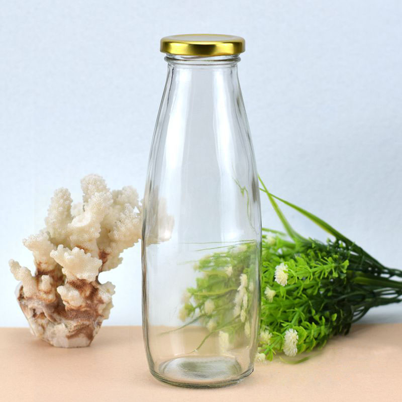 Stocked 250ml 300ml 500ml 1000ml food grade clear milk bottle empty milk glass bottle screw metal lid