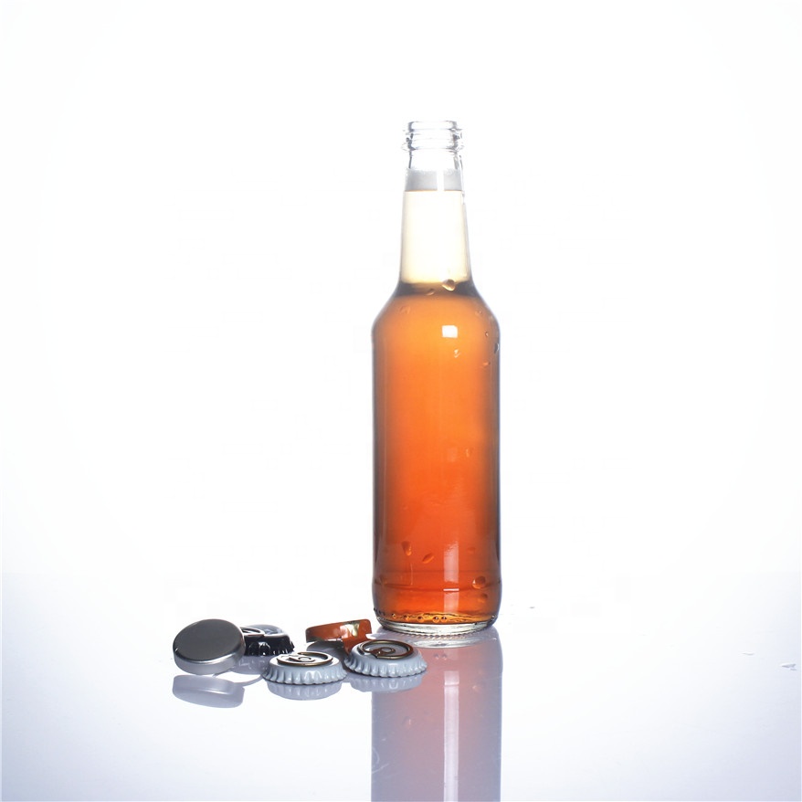 Stocked 330ml clear transparent empty carbonated beverage soft drinking cocktail liquor breezer beer glass bottle with lid