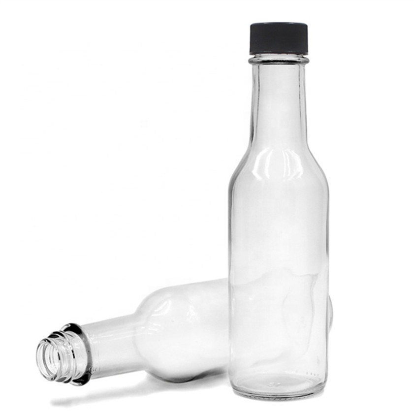 Stocked 5oz round clear 150ml 148ml woozy empty chili sauce vinegar glass bottles with plastic screw cap