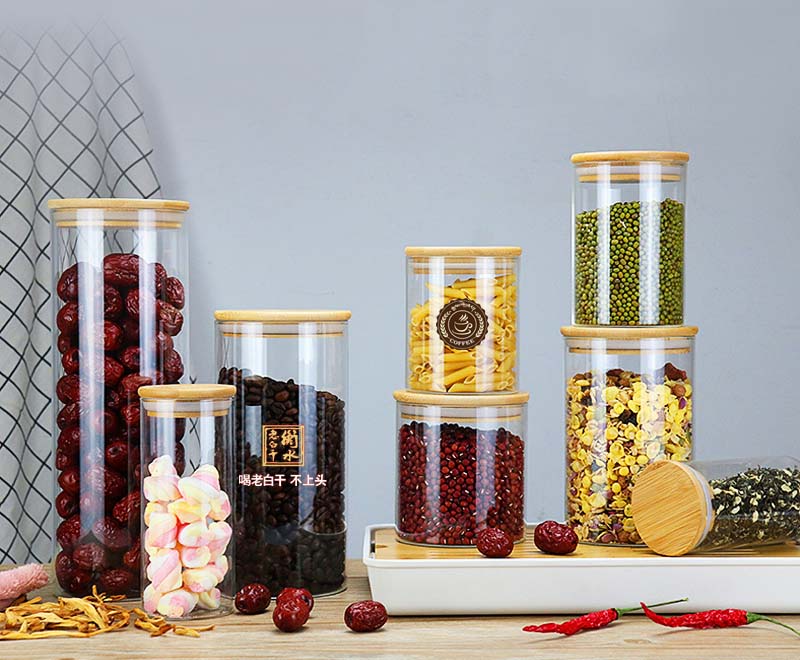 Stocked Customized Glass Jars With Bamboo Lids House Kitchen Spice Storage Canister Heat Resistant Glass Containers Grains Tea