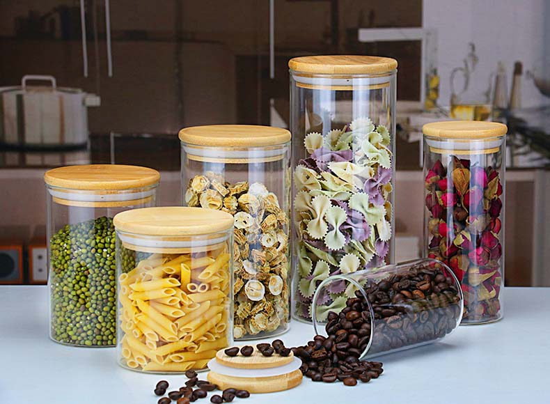 Stocked Customized Glass Jars With Bamboo Lids House Kitchen Spice Storage Canister Heat Resistant Glass Containers Grains Tea