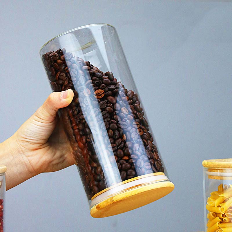 Stocked Customized Glass Jars With Bamboo Lids House Kitchen Spice Storage Canister Heat Resistant Glass Containers Grains Tea