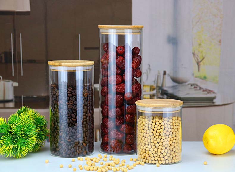 Stocked Customized Glass Jars With Bamboo Lids House Kitchen Spice Storage Canister Heat Resistant Glass Containers Grains Tea