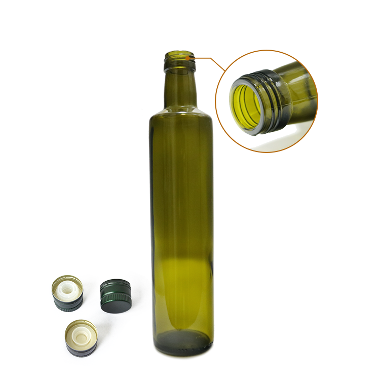 Stocked round 500ml olive oil bottle green dorica food grade cooking oil glass bottle with insert cap CY-165