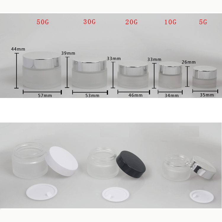 Stocks 5g 10g 20g 30g 50g frosted glass cream jar black white silver lid