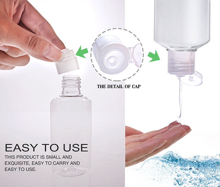 Stocks ready to ship small portable Clear empty 60ml disinfectant gel bottle with flip top cap