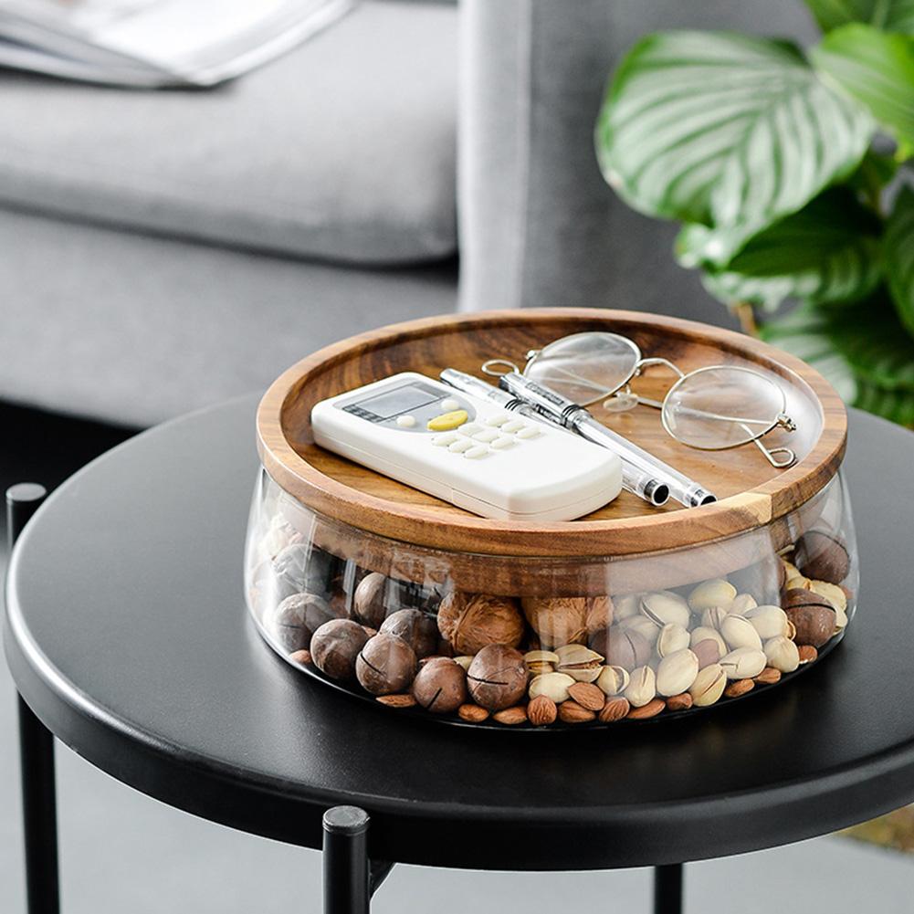 Storage Bottle Glass Nuts Dry Fruits Storage Container Double Layer Candy Kitchen Box With Wooden Lid For Home Kitchen Supply
