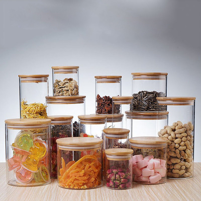 Storage Bottle Jars Factory Supplier Empty Round Glass for Food Candy with Bamboo Lids Round Shape Acceptable Customer's Logo