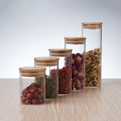 Storage Bottle Jars Factory Supplier Empty Round Glass for Food Candy with Bamboo Lids Round Shape Acceptable Customer's Logo