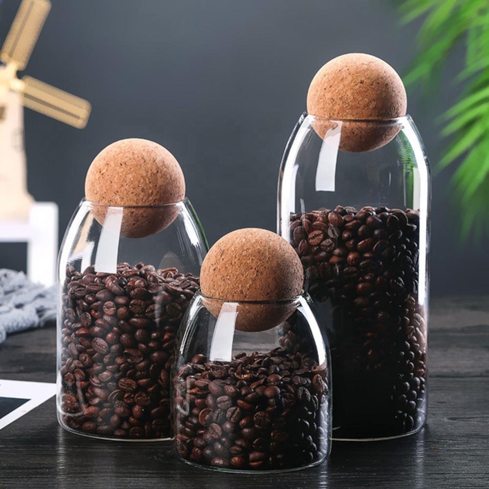 Storage Food Jars with Wood Lid Cork Ball Stopper Handmade Borosilicate Glass Canister Jar