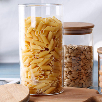 Storage Glass Jar Mason Candy Jar Transparent Bamboo Covered High Borosilicate Food Sealed Glass for Spices Glass Round Shape