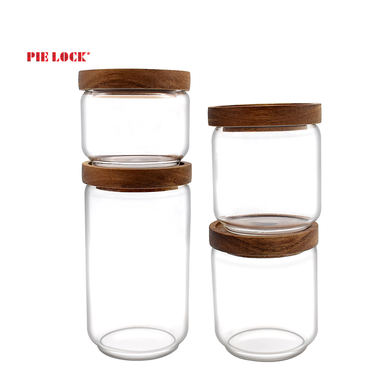 Storage Jars Containers with Acacia Wood Lid for Candy, Cookie, Rice, Sugar, Flour, Pasta, Nuts Set of 4