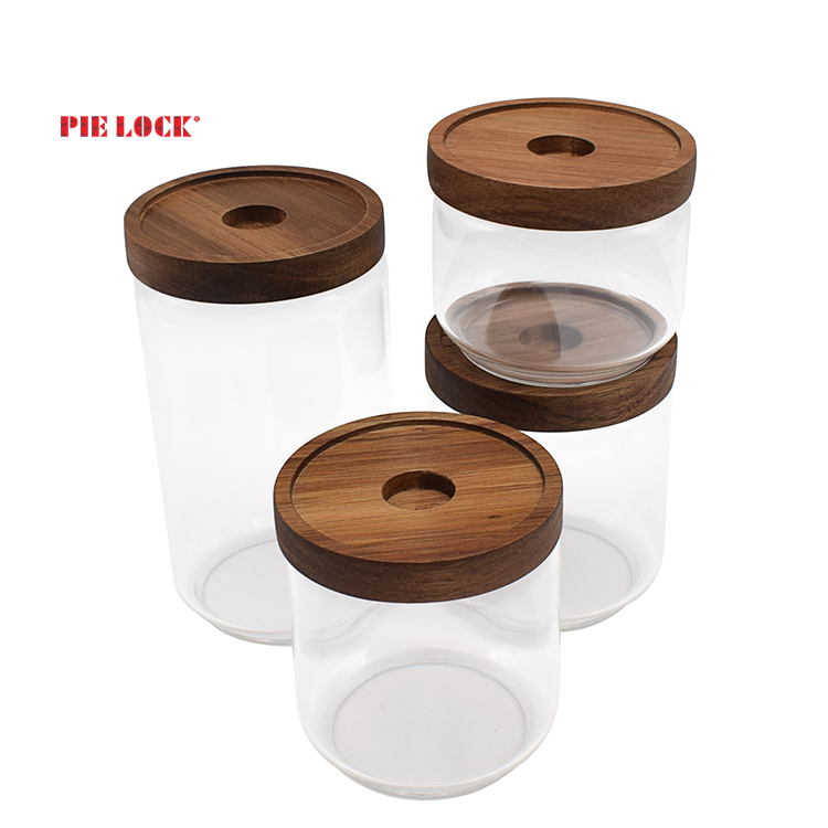 Storage Jars Containers with Acacia Wood Lid for Candy, Cookie, Rice, Sugar, Flour, Pasta, Nuts Set of 4