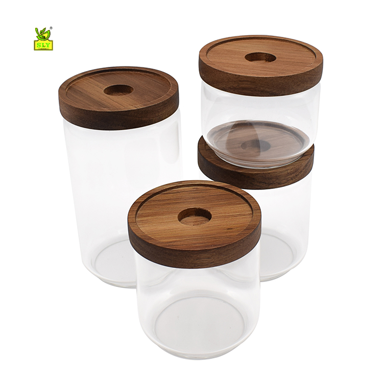 Storage Jars Set with Acacia Lids Made of Borosilicate Glass, Stackable and Airtight, storage jars glass