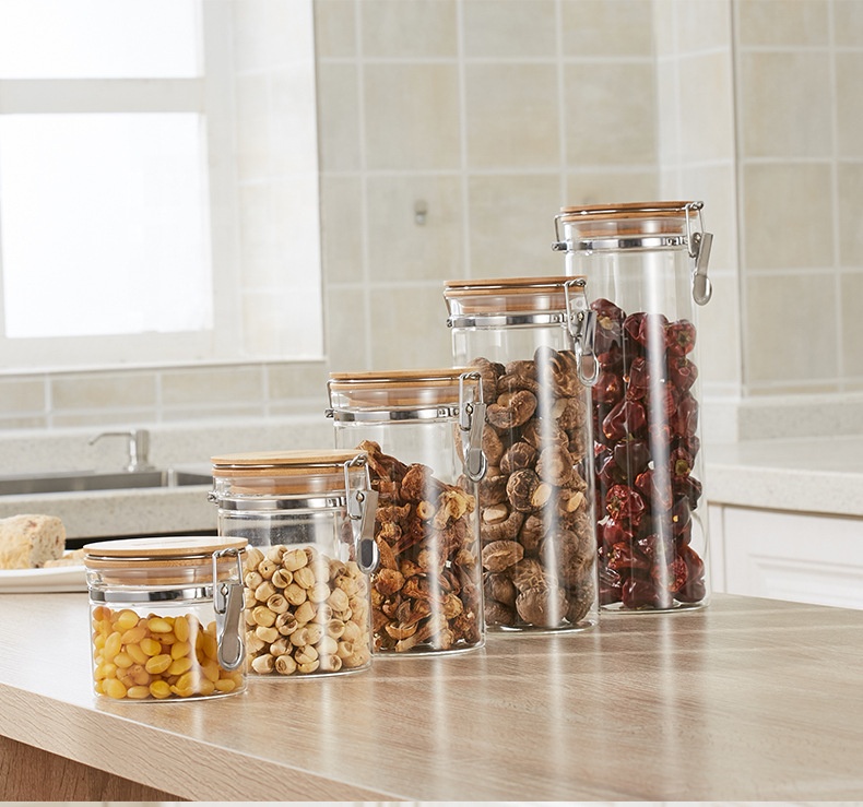 Storage glass jar bamboo lid Jar 500ml 750ml 1000ml 1500ml Glass Container with Metal Clip