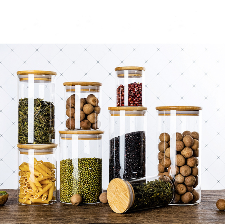 Storage glass jar bamboo lid kitchen food hermetic glass jar