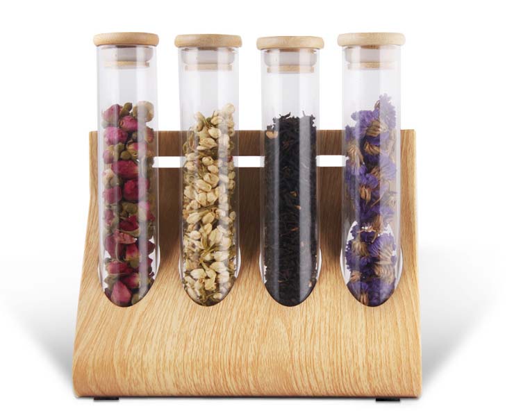 Straight Glass Jars With Wood Cover For Coffee Nuts Candy Tube Style Glass Food Storage Canister