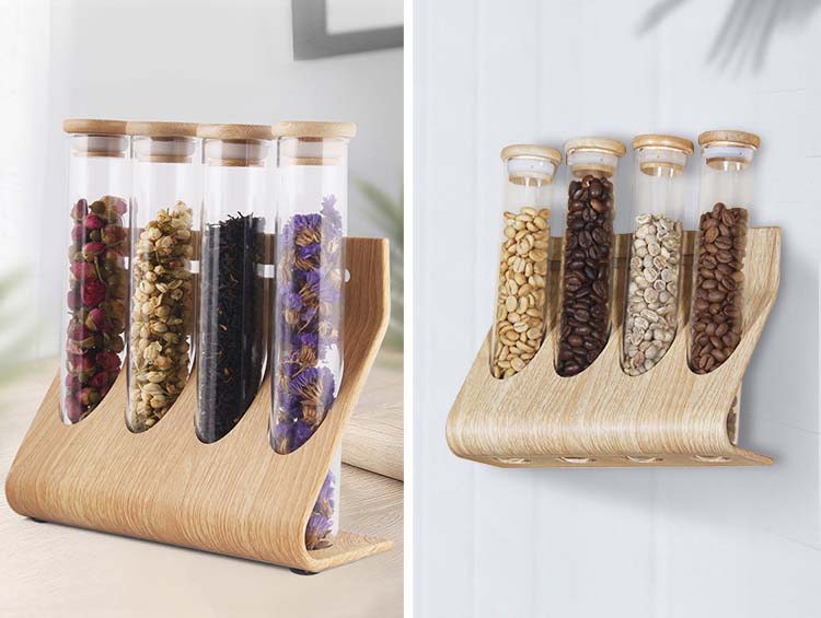 Straight Glass Jars With Wood Cover For Coffee Nuts Candy Tube Style Glass Food Storage Canister