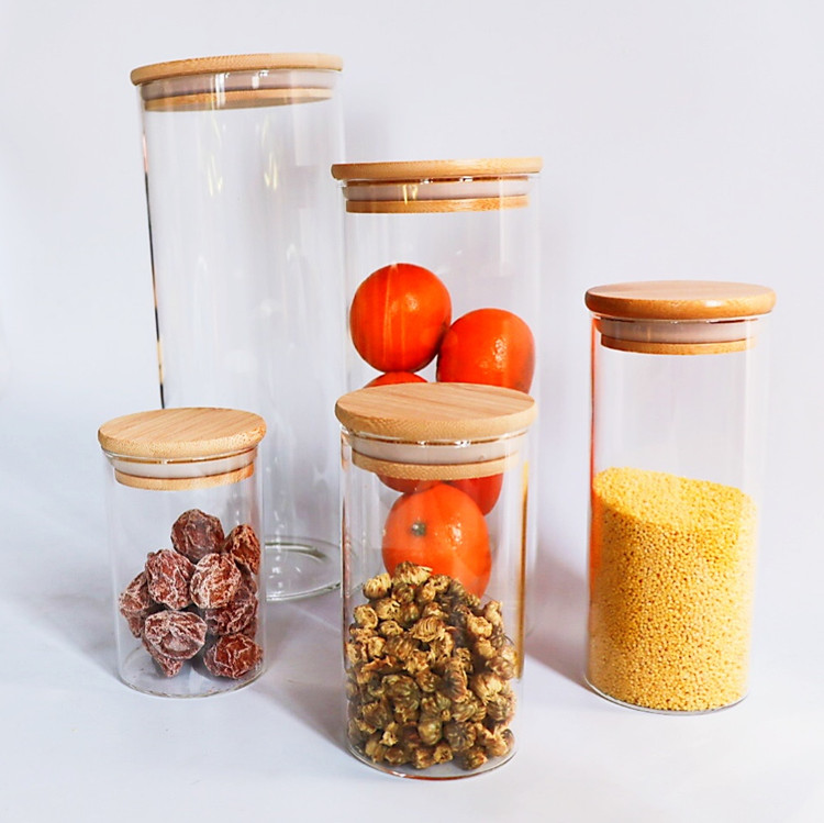 Straight Sided Air Tight Glass Jars With Bamboo Wood Lid Canisters Sets For The Kitchen Storage Jar Bottle Glass