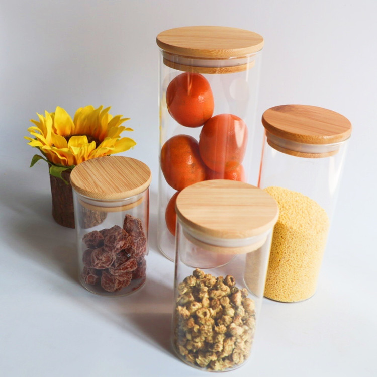 Straight Sided Air Tight Glass Jars With Bamboo Wood Lid Canisters Sets For The Kitchen Storage Jar Bottle Glass