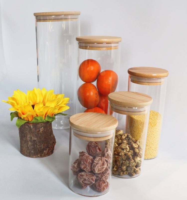 Straight Sided Air Tight Glass Jars With Bamboo Wood Lid Canisters Sets For The Kitchen Storage Jar Bottle Glass