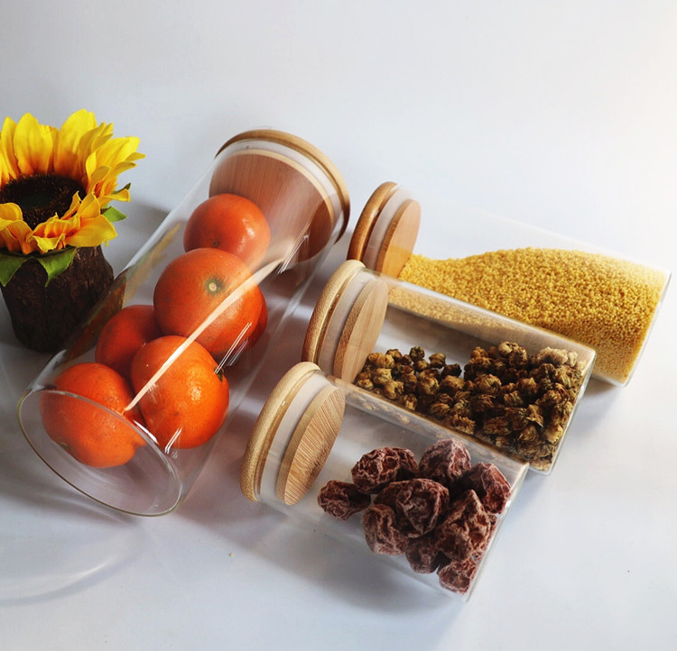 Straight Sided Air Tight Glass Jars With Bamboo Wood Lid Canisters Sets For The Kitchen Storage Jar Bottle Glass
