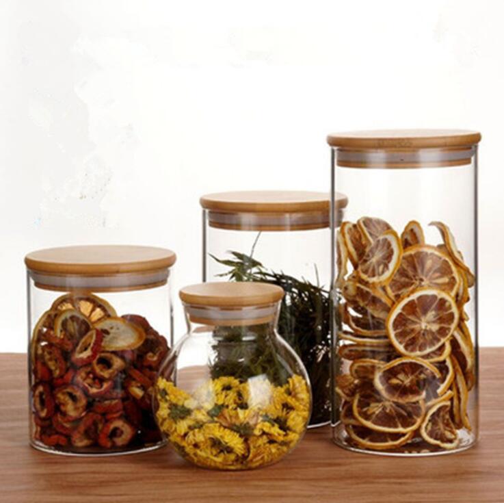 Straight Transparent High Borosilicate Glass Jars With Bamboo Lid Storage Canisters Kitchen Spice Containers For Tea Grains