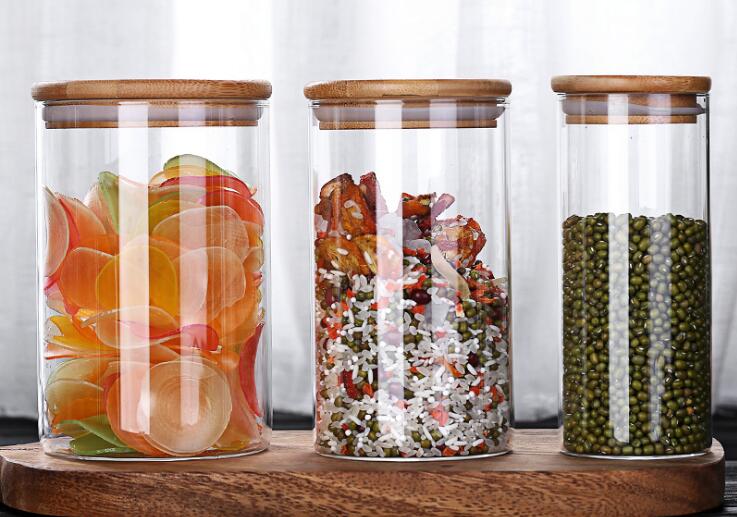 Straight Transparent High Borosilicate Glass Jars With Bamboo Lid Storage Canisters Kitchen Spice Containers For Tea Grains