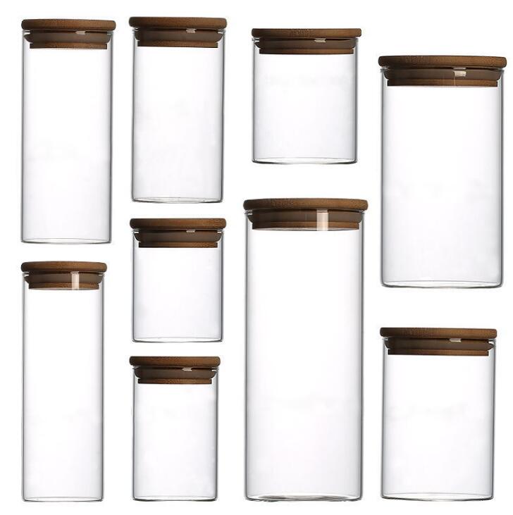 Straight Transparent High Borosilicate Glass Jars With Bamboo Lid Storage Canisters Kitchen Spice Containers For Tea Grains